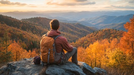Fototapeta premium Hiking In Tennessee. Adventure Hiker Enjoying Beautiful Fall Scenery in Smoky Mountains National Park