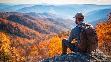 Hiking In Tennessee. Man Enjoying Autumn Scenery in Great Smoky Mountains National Park