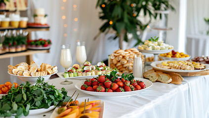 Luxury Snack table ready for event. Food and drink catering. Festively decorated beautiful big table full of food ready for guests.Horizontal color photography.
