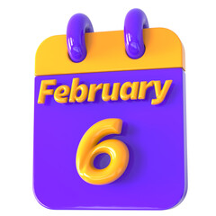 3D Calendar with 6 date number,February 3D Illustration