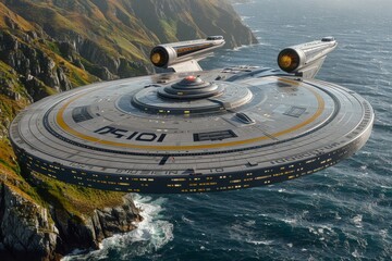 Futuristic Starship Exploring Rugged Coastal Landscape Under Clear Blue Sky During Daylight Hours