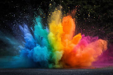 A dramatic burst of rainbow colored powder in an explosive motion, set against a dynamic background. This captivating illustration is perfect for projects requiring dynamic and vibrant visual