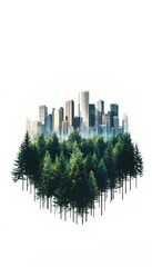 Fototapeta premium A striking blend of urban skyline and lush forest, showcasing the harmony of nature and city life in a stunning visual composition.