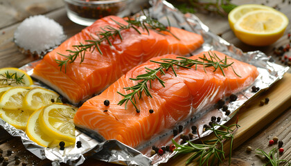 Aluminum foil with raw fish, lemon slices, rosemary and spices on wooden table. Baking salmon