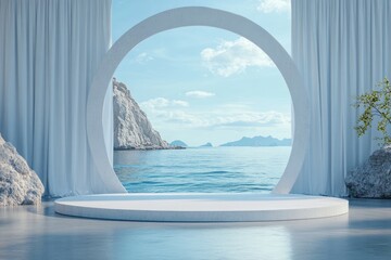 Circular Podium with Ocean View Through White Archway