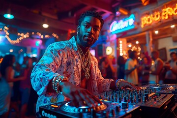 Obraz premium DJ performing at a vibrant night club with colorful lights and an energetic crowd, copy space for text, music advertising, music banner