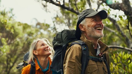 Fototapeta premium Senior Couple Hiking in Forest - Enjoying Nature and Adventure with Backpacks and Outdoor Gear