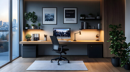 Modern home office with wooden desk, city view and plants.