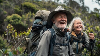 Fototapeta premium Senior Couple Enjoying Hiking Adventure in Nature with Backpacks