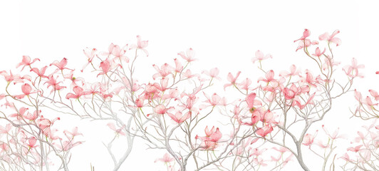 Seamless Horizontal Watercolor Pink Dogwood trees isolated on White background