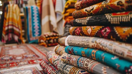 Carpets of different colours in stack at carpet store, no people
