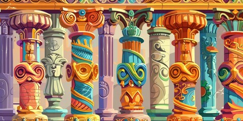Fototapeta premium Colorful, ornate pillars with intricate designs.
