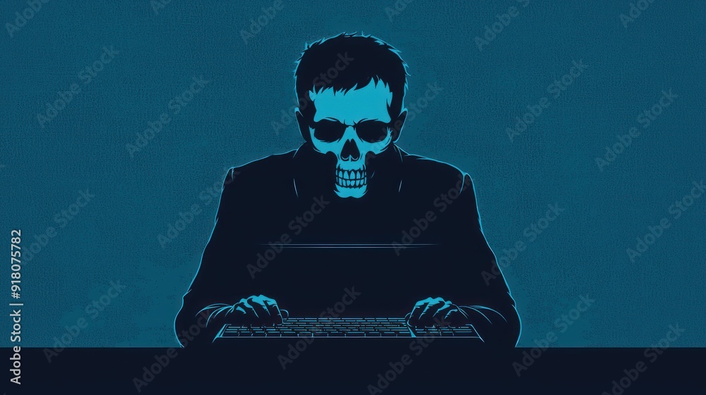 Fototapete silhouette of a hacker typing on a keyboard with a skull in the background, cybercrime metaphor.
