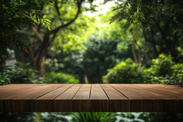 Wooden Tabletop Overlooking a Lush Green Forest