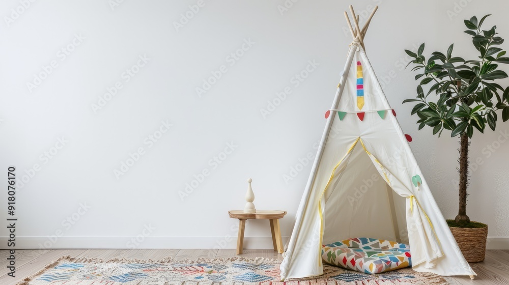 Sticker children's play tent beside blank white wall with text space