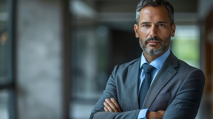 Businessman poses confidently in a modern office setting during daytime