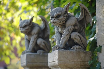 Two stone gargoyles with wings, perched on pillars.
