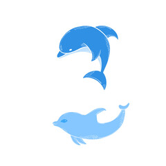 Set of cute blue dolphin. Hand drawn  elements. Sea animals. Vector doodle set of marine life objects for your design.