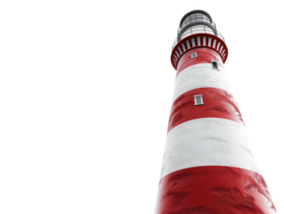 A towering red and white lighthouse stands tall against a clear sky, symbolizing guidance and safety for passing ships.