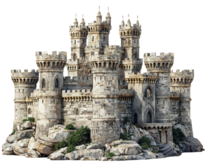 Majestic medieval castle perched on rocks, showcasing intricate architecture and strong towers, embodying history and fantasy.