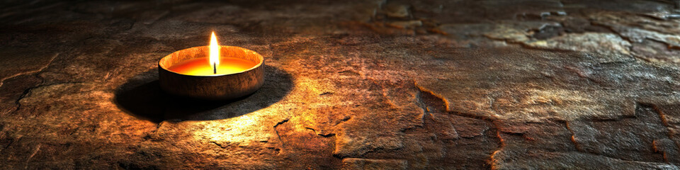 A dimly lit candle, casting shadows across a weathered stone floor.