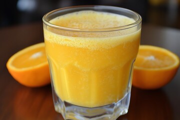 Glass of fresh orange juice on table on blurred background