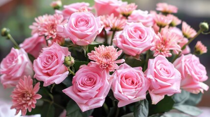 Arrangement of pink roses and chrysanthemums