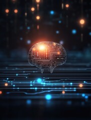 Fototapeta premium Futuristic digital brain with circuit pattern, glowing lights, and abstract technology background representing artificial intelligence.