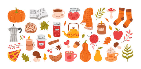 Set of hand drawn cozy autumn elements. Cute scarf, candles, hot cocoa, cup, pie, pumpkin spice latte, mug, jam, leaves, mushrooms. Fall stickers. Vector flat illustration.