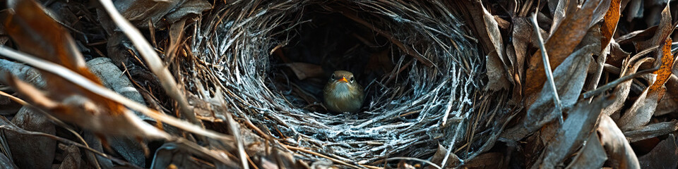 Empty Nest: An abandoned bird's nest, once teeming with life, now forlorn and silent.