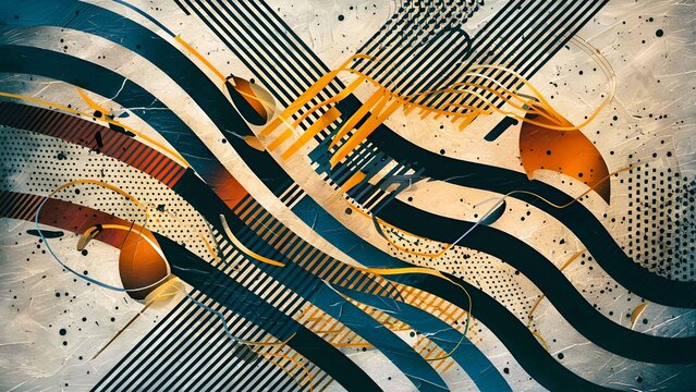 An abstract composition with flowing lines and stripes in blue and orange, conveying movement and modernity.