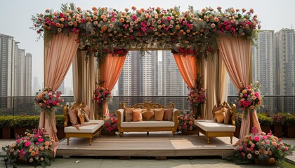 Garden wedding stage with cascading flowers and lights