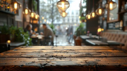 Cozy indoor café atmosphere with warm lighting and rustic wooden table near bustling outdoor area in the early evening