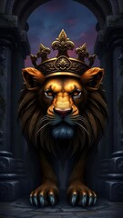 Obraz premium Fierce Lion with Bronze Crown at Ancient Temple Entrance - Fantasy Artwork