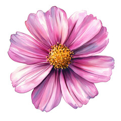 Obraz premium A beautiful watercolor illustration of a pink flower with delicate petals and a vibrant yellow center, showcasing a harmonious blend of colors and soft textures