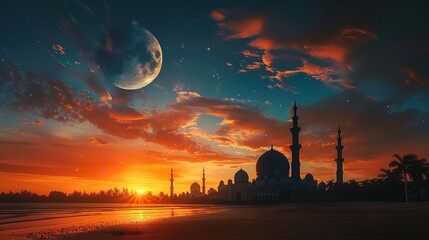 Glowing mosque under a starry night sky, night photography, long exposure, vibrant colors, breathtaking, majestic architecture, illuminated, spiritual Holy View.