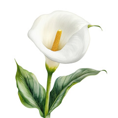 A delicate white calla lily flower with smooth petals and vibrant green leaves, showcasing its elegant form and natural beauty against a transparent background