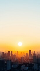 Fototapeta premium Stunning city skyline at sunset, showcasing vibrant hues of orange and gold illuminating tall buildings and a serene atmosphere.