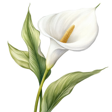 A delicate white calla lily surrounded by green leaves, showcasing its elegant shape and vibrant color