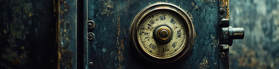 An antique safe, its dial etched with remnants of fingerprints, stands alone in a gloomy corner.