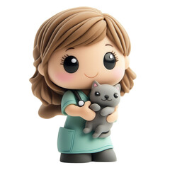 Fototapeta premium A cute character holding a gray cat, dressed in a teal outfit, with a warm smile and wavy hair. Captures a charming and friendly vibe