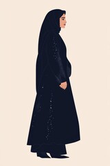 Minimalism illustration, a Kuwaiti woman, wearing a classic dress in dark navy with silver accents, traditional fashion, flat illustration on light beige background