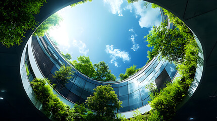 Green building with skylight and trees.