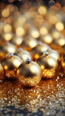 Fototapeta premium a close up of gold and silver balls with gold glitter and glitter.