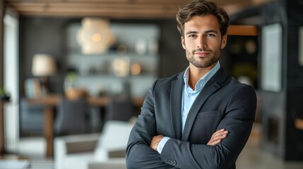 Fototapeta premium Confident young professional poses in a modern office setting during the afternoon