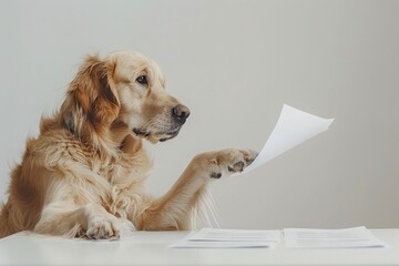 Dog with contract in paws. Golden retriever at table signing papers on white background. Concept photo of business pet with contract. Pet aiding in signing pet insurance agreement. Assistant, realtor.