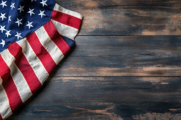 American Flag Draped on Weathered Wooden Surface