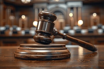 Justice Concept: Wooden Gavel in Courtroom Close-Up
