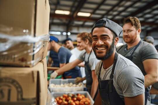 Diverse group volunteering at local food bank showing compassion, generosity, community service