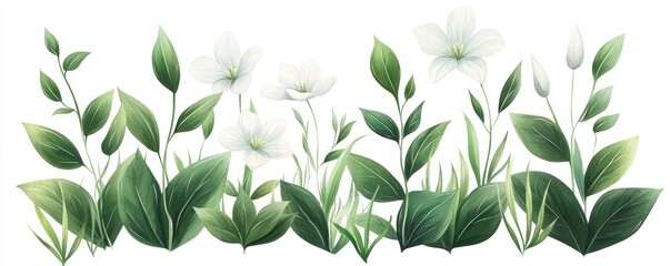 A vibrant collection of green leaves and white flowers, perfect for nature-themed designs and botanical illustrations.